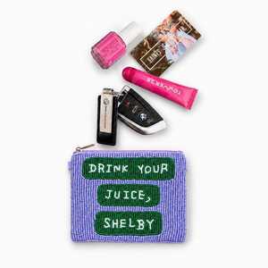 Monedero cuadrado con cremallera y cuentas hecho a mano, morado, con texto verde, Drink Your Juice Shelby - Product Image 2