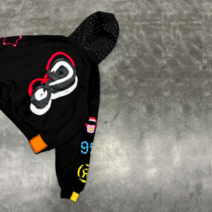 Sweat à capuche homme Y2K personnalisé, style streetwear, imprimé en relief, strass sur le capuche, effet vieilli vintage, 500 GSM, fermeture éclair, noir, coupe oversize - Product Image 4