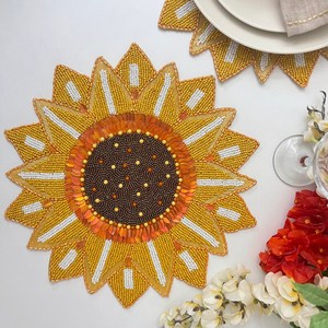 Handmade Beaded Sunflower Placemat with Stripe Design Polyester/Cotton Material Eco-Friendly Home & Hotel Use Incharger Plate - Product Image 1