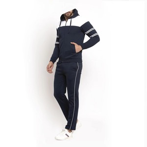 Men Navy Blue White Color Block Full Zip Hoodie Tracksuit Two Piece Set Double Sleeve Stripe Side Stripe <b>Jogger</b> Casual Sui - Product Image 3