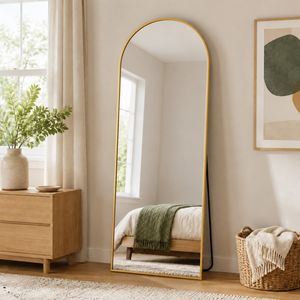 Specchio da terra ad arco autoportante da 56"x21" con cornice in legno dorato - Product Image 1