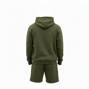 Custom Men's GREEN Vintage Washed Breathable Winter Patch Zip Hoodie Shorts <b>Set</b> Heavyweight Cotton Streetwear OEM Private Label - Product Image 2