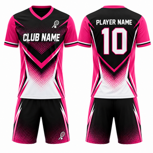 Kit de tennis personnalisé par sublimation, dégradé noir-rose, col en V, manches courtes, séchage rapide, polyester, design sportif unisexe, taille élastique - Product Image 1