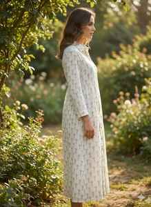 Vestido Camisero Maxi de Algodón Blanco con Botones, Estampado Floral Verde, Manga Larga, para Fiesta de Jardín de Verano, Estilo Boho Chic - Product Image 3