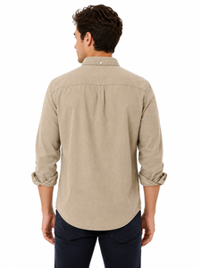 Chemise décontractée d'été en popeline de coton beige pour homme, à manches longues, col classique, poche poitrine unique, coupe droite - Product Image 4