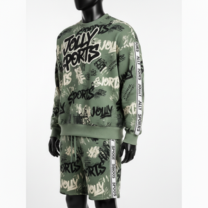 Ensemble sweat-shirt et short en molleton de coton mélangé premium 320 GSM pour homme, imprimé graphique olive, logo personnalisé - Product Image 4