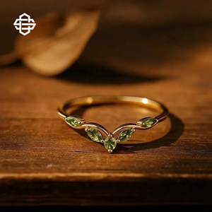 Women's 14K Gold Plated Moissanite Green Marquise Diamond Ring Classic Plant Design Gemstone Ring Everyday Wear - Product Image 1