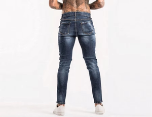 Jean en denim bleu pour homme, taille mi-haute, coupe droite, délavé, patchwork, effet usé, déchiré, extensible, adouci, écologique, vente en gros - Product Image 4