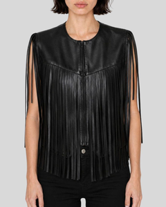 Women's <b>Black</b> Genuine Leather Fringe <b>Vest</b> Single Button Closure Vintage Style Outerwear Regular Length Solid Color Windproof - Product Image 2