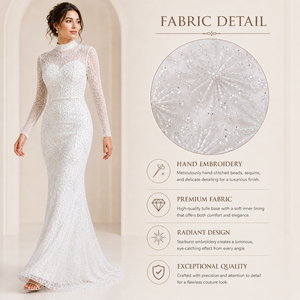 Robe de cocktail sirène blanche de luxe à col haut |   Robe longue sans manches à paillettes et perles avec traîne |   Taille naturelle élégante - Product Image 5