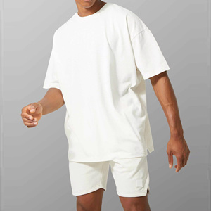 Men's White Cotton T-Shirt and <b>Shorts</b> Set Crew Neck Casual Summer Wear Knitted Solid Color Street Style Outfit - Product Image 3