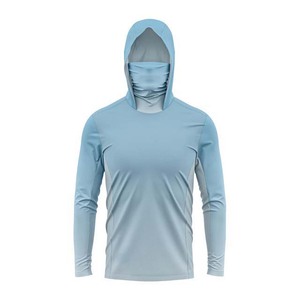 Chemise de pêche pour homme à manches longues bleu clair avec capuche UPF 50 anti-UV, pull sans couture, couleur unie, polyester - Product Image 1