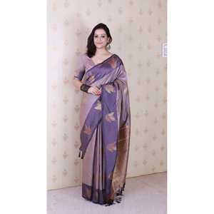 Sari de Seda Suave Color Lavanda con Diseño Floral y Bordado Zari, Vestidos Elegantes para Club - Product Image 6