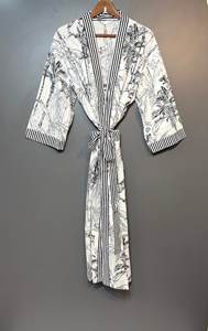 Bata Kimono de Algodón con Estampado de Bloques, Vestido de Dama de Honor, Elegante Ropa de Estar por Casa, para Mujer, Playa, Verano, Primavera, Cuello en V, Largo Completo, Manga Larga - Product Image 3