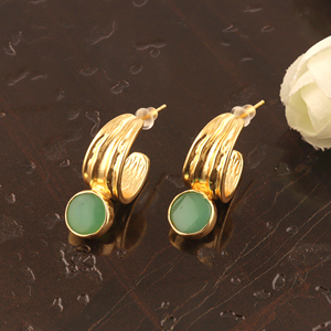 18K Gold Plated Bezel Set Fancy <b>Drop</b> Earrings with Prehnite Chalcedony Stone Women's Classic Style Jewelry for Party Occasions - Product Image 5