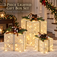Ensemble de 3 boîtes cadeaux de Noël lumineuses avec filet crème et ruban argenté pour la décoration intérieure des fêtes