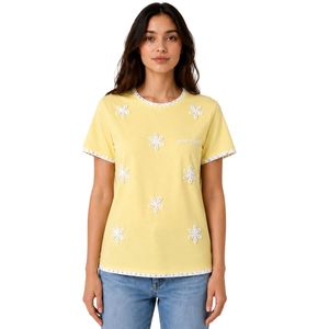 Camiseta de Mujer con Bordado Floral Amarillo Limón, Ribete Blanco en Contraste, Cuello Redondo, Manga Corta, Estilo Casual, OEM, ODM, Personalizable - Product Image 1