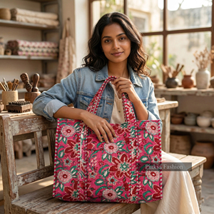 Bolsa de Mano Grande Acolchada de Algodón con Estampado Floral Rosa, Hecha a Mano, Multiusos, para la Playa, Viajes y Compras, para Mujer - Product Image 3