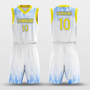 Uniformes de basket-ball sublimés personnalisés, nom de l'équipe, 10 blancs, bleus, jaunes, col en V, sans manches, unisexe, adulte, toutes saisons, coupe athlétique - Product Image 1