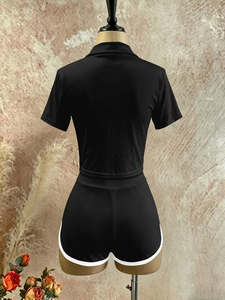 Summer Turn-down Collar Striped Knee Button Eco-Friendly Knitted Pajama Set Breathable Regular-Fit Casual Sporty Short Women - Product Image 2