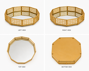 Plateau décoratif octogonal plaqué or avec motif géométrique, base miroir, style bohème - Product Image 2
