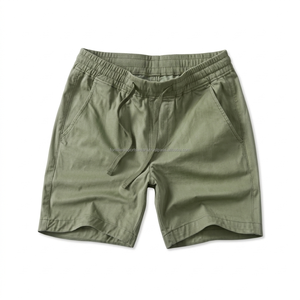 Shorts Bermuda en coton vert olive uni pour homme, taille à cordon, style décontracté, longueur mi-cuisse, tissu tissé, poches, respirant - Product Image 1