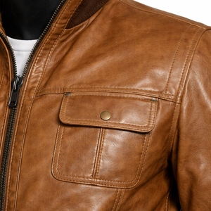 Chaqueta Bomber de Cuero Genuino para Hombre, Cuello Alto, Cierre de Cremallera, Color Sólido, Corte Regular, Estilo Motero, para Otoño - Product Image 6