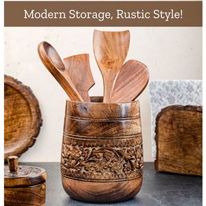 Porte-ustensiles en bois sculpté à la main pour la cuisine, style floral rustique, pot à ustensiles, organisateur de spatules de ferme, vente en gros personnalisée - Product Image 6
