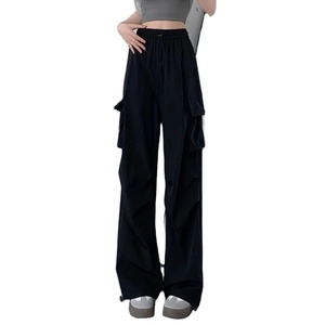 Femmes été automne Cargo pantalon taille haute pantalon droit avec devant plat Style décontracté ample pour Streetwear - Product Image 3