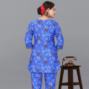 Elegant Blue Print Poly Rayon Women Co ord Set Sustainable Round Neck Two Piece Outfit Casual Loose Fit Ladies Pant Suit Wear - Product Image 1