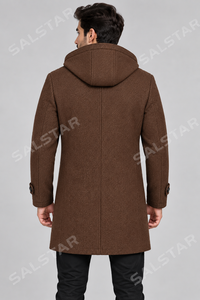 Manteau d'hiver pour homme Salstar en mélange de laine à capuche, col à revers, fermeture éclair, longueur genou, marron - Product Image 2