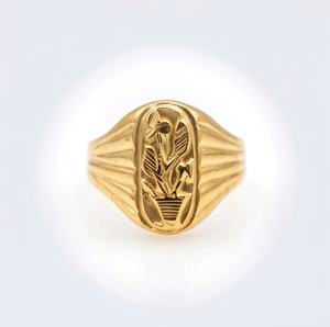 DIVYORO Anillo clásico chapado en oro con motivo de planta en maceta ovalada para hombre - Product Image 1