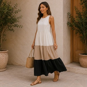 Vestido Midi sin Mangas con Cuello Redondo, de Fibra de Algodón, con Capas, Corte Holgado, Informal, para Verano, Color Sólido, Cintura Natural - Product Image 2