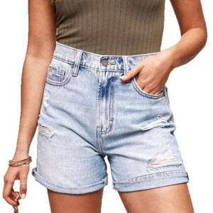 Women's High Waist Light Blue Denim Shorts Solid <b>Color</b> Button Fly Five Pocket Casual Style Distressed Wash Cotton Fabric - Product Image 3