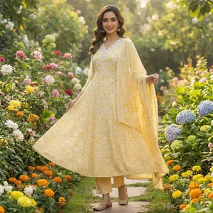 Ensemble Anarkali Kurta pour femmes, imprimé floral jaune, col en V, robe évasée, pantalon assorti, dupatta, tenue traditionnelle élégante décontractée ethnique - Product Image 1