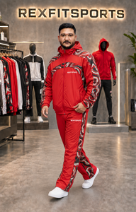 REXFIT SPORTS 2026 Ensemble de survêtement personnalisé en nylon rouge, veste à capuche entièrement zippée et pantalon avec empiècements imprimés, vêtements de sport personnalisés - Product Image 2
