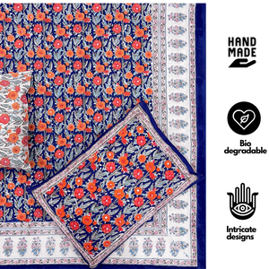 Juego de sábanas tamaño King de algodón 100% estampado a mano en Jaipur, diseño floral, 3 piezas, tinte no tóxico, suave, transpirable, para uso doméstico. - Product Image 1