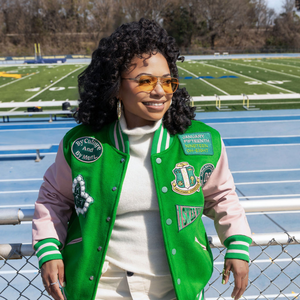 <b>Pink</b> Green Patch Leather Varsity <b>Jacket</b> Women Embroidered College Bomber Coat Casual Streetwear Fashion Outerwear - Product Image 4