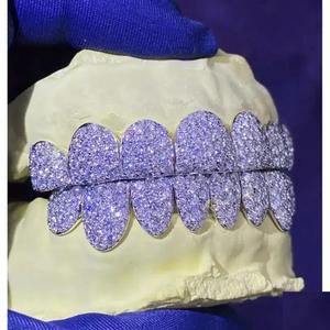 High Quality VVS Moissanite Bezel Setting Brilliant Cut Grillz 925 Sterling <b>Silver</b> Black Rhodium Plated 16 Teeth Unisex Body - Product Image 1