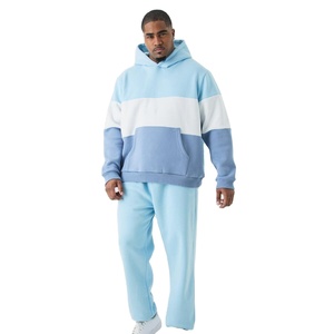 Conjunto Deportivo para Hombre con Capucha y Bloques de Color, Manga Larga, Corte Holgado, Azul Claro y Blanco, Sudadera y Pantalones de Algodón, Ropa de Primavera - Product Image 1