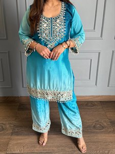 Ensemble Kurta Palazzo pakistanais brodé bleu pour femme, tenue ethnique avec dupatta, séchage rapide, idéal pour mariage et fêtes - Product Image 2