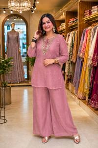 Ensemble Salwar Kameez brodé rose pour femmes, tenue festive Kurta Palazzo, vêtements de fête de mariage - Product Image 2