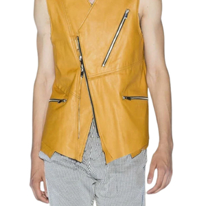 Chaleco de cuero genuino color canela para hombre, sin mangas, estilo motero, con cuello en V y bolsillos con cremallera - Product Image 2