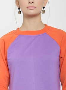 Sweat-shirt à col rond pour femme, à blocs de couleur, manches longues, violet orange, tricoté décontracté, 100% coton, vêtements d'automne - Product Image 6
