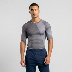Men Front <b>Logo</b> Half Sleeve O-Neck Compression Fitted Sporty Casual Wear Breathable Solid Jersey Top - Product Image 1