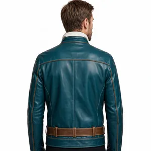 Chaqueta de Cuero para Hombre, Cuello Alto, Manga Larga, Cierre de Cremallera, Cintura Ajustada, Resistente al Viento - Product Image 2