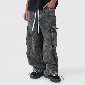 Pantalon cargo en coton délavé coupe ample jambe large taille mi-haute avec cordon de serrage streetwear longueur intégrale couleur unie plusieurs poches - Product Image 2