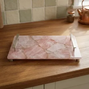 Handmade Pink Rose Quartz Stone Serving Tray with <b>Silver</b> Metal Handles Rectangular Decorative Kitchen <b>Coffee</b> <b>Table</b> Home Display - Product Image 1