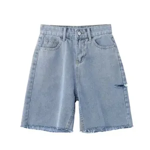Shorts en jean pour femme respirants taille haute bleu clair délavé à ourlet effiloché coupe droite style vintage décontracté été - Product Image 2