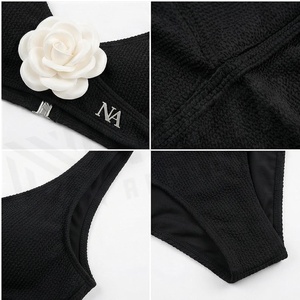 Ensemble bikini noir côtelé 2 pièces avec décoration florale 3D, col en V profond, taille haute, maillot de bain pour femme - Product Image 4